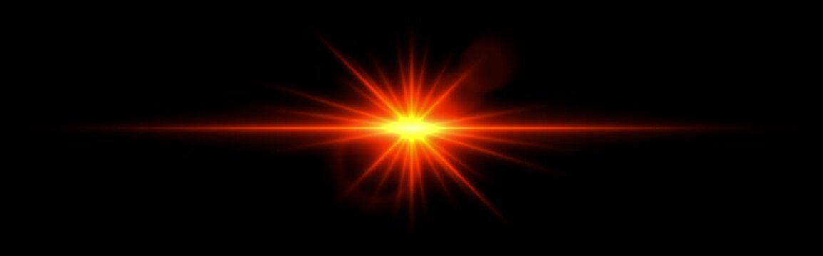 Bright orange glowing light flare with horizontal lens flare effect. Transparent background. Abstract digital illumination for design and overlay effects