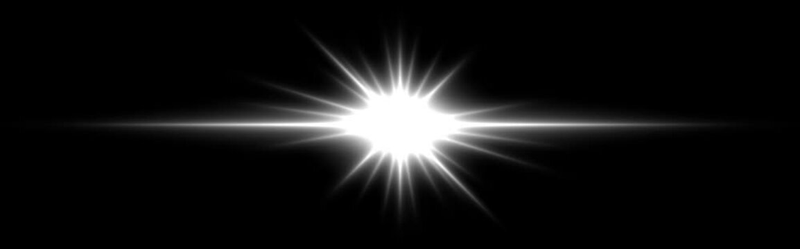 Bright white glowing light flare with horizontal lens flare effect. Transparent background. Abstract digital illumination for design and overlay effects