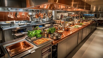 A hot kitchen in a fine-dining restaurant with copper cookware, fresh garnishes, and spotless counters, top-down perspective.
