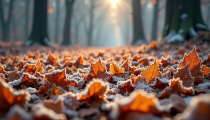 Frozen leaves form a crunchy carpet on the forest floor, winter wonderland, frozen leaves, fall color
