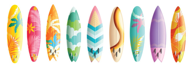 Summer surfboard elements clipart set. Colorful surfing board rocket with printed pattern elements clip art collection for holiday adventure vector illustration.