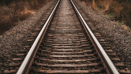 Obraz premium Closeup view of railway tracks converging in the distance surrounded by brown gravel and green vegetation under warm sunlight during autumn.