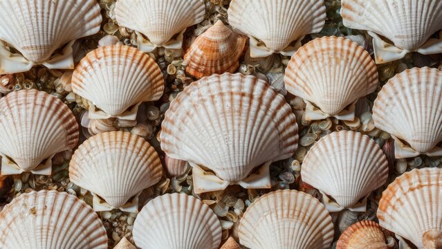Background of sea shells with numerous Queen scallops in beige and white hues arranged in clusters with fine sand and tiny shells visible