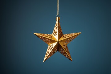 Obraz premium there is a gold star hanging from a string on a blue background