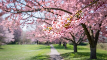 Naklejka premium Cherry blossom trees in full bloom with soft pink flowers framing a serene green path beneath a clear blue sky in a picturesque landscape