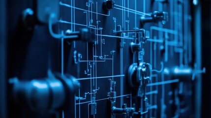 Abstract Blue Circuit Board with Complex Connections and Patterns