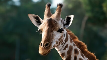 Fototapeta premium Giraffe close-up with detailed facial features and unique coat patterns in soft background greenery highlighting earthy browns and whites.