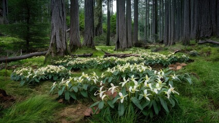 White and green wildflowers blooming in a lush forest clearing surrounded by tall trees and dense foliage creating a serene natural landscape