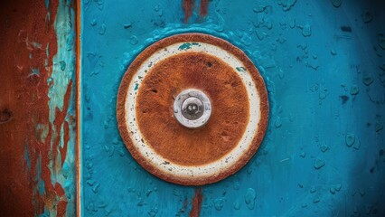Rusty circular metal detail against a vibrant turquoise background with weathered textures and subtle water droplets enhancing visual depth.