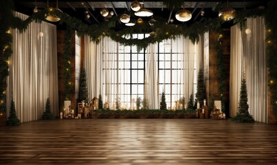 Fototapeta premium Interior setup for holiday celebration with golden ornaments and green garland backdrop