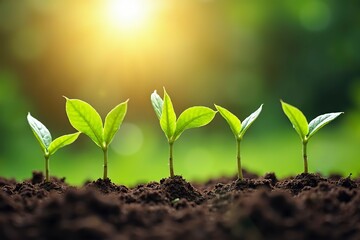 Coffee bean seedlings in a row, symbolizing growth and sustainability in agriculture.