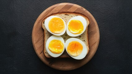 Hardboiled eggs with bright yellow yolks arranged on toasted bread slice atop a round wooden board set against a dark background