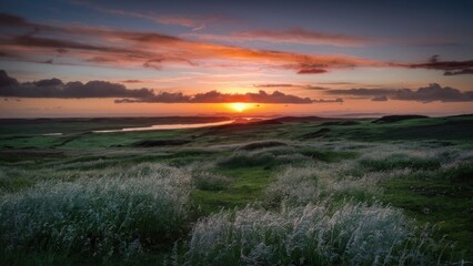 Fototapeta premium Vibrant sunset over lush green landscape with swaying grasses in foreground and serene water body reflecting colorful sky in background