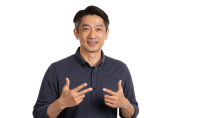 Smiling man with casual attire showing hand gestures