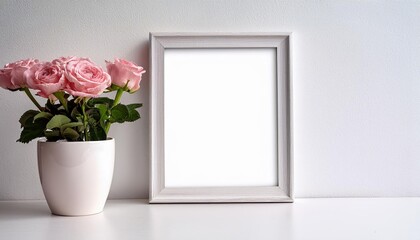 White Frame Mockup with Vibrant Pink Roses in a Pot on a Minimalistic White Tabletop, Set Against a Calm Landscape Backdrop Perfect for Digital Art, Home Decor, or Design Inspiration.
