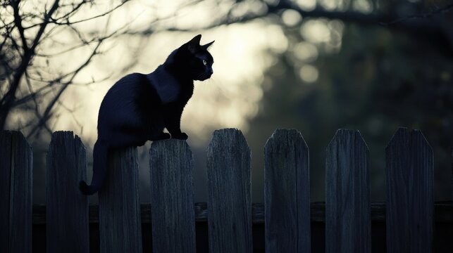 Eerie silhouette of a black cat on a weathered wooden fence, dusk moody light casting a subtle glow on its sleek fur