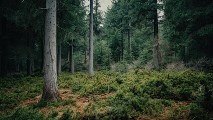 Obraz premium Dense thickets in a coniferous forest with lush green undergrowth, tall dark green trees, and a muted atmospheric feel in the background.