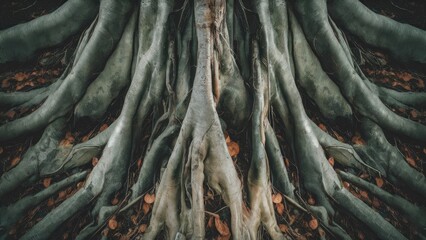 Dark green and gray banyan tree roots with blurred effect, intricate texture amidst brown leaves, captivating symmetrical composition.