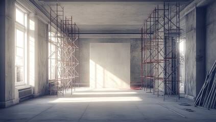 Obraz premium Sunlit Renovated Interior, Scaffolding, Empty Room