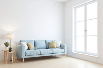 Fototapeta premium Modern living room window light blue sofa side tables plants
