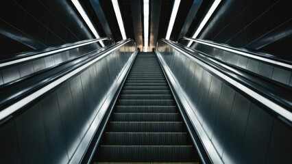 Obraz premium Modern escalator descending with metallic steps, illuminated by bright overhead lights, showcasing a sleek urban design in dark tones.
