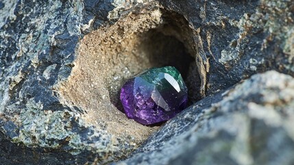 Raw emerald and amethyst gemstones embedded dark textured rock. Natural mineral deposits, geological formations, rare crystals, underground treasures, luxury, sparkle, nature&rsquo;s beauty. Generative AI