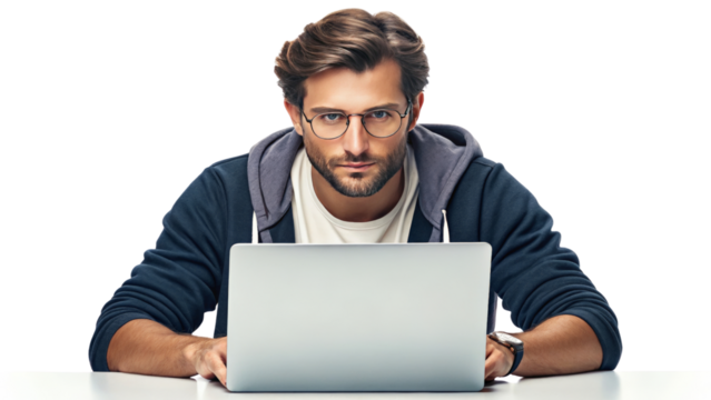 Young Man Working on Laptop at a Modern Workspace