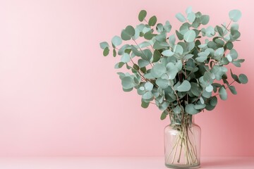Naklejka premium Green eucalyptus leaves in vase. Front view. Place for text, copy space, mockup