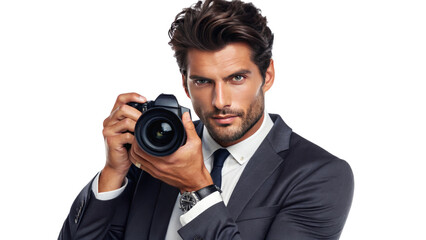 Confident Photographer in Stylish Suit with Camera