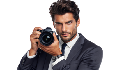 Confident Photographer in Stylish Suit with Camera