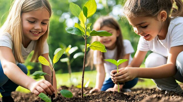 Kids enthusiastically planting young saplings together in a green park, fostering nature and teamwork