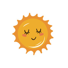 Hand drawn funny cute sun icon illustration. Children's flat illustration. White isolated background.