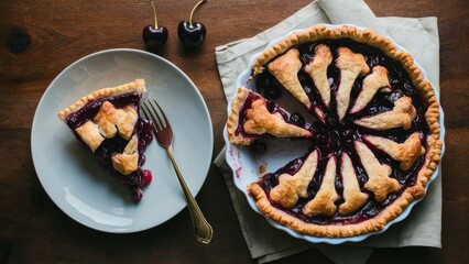 Delicious cherry pie with golden crust slices arranged on a rustic wooden table, complemented by a slice on a light blue plate and a golden fork.