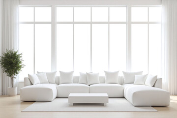 Fototapeta premium Modern living room white sofa coffee table large potted plant