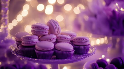 Elegant Purple Macarons Displayed on a Stand with Soft Background