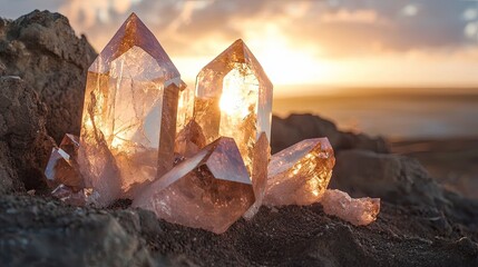 Amethyst crystals glowing the golden light of sunset, resting on rough stone. Natural quartz, healing energy, geological wonder, spiritual gemstone, translucent pink, mineral formation. Generative AI