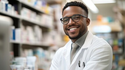 Friendly Smiling Pharmacist in Glasses at Pharmacy Counter
