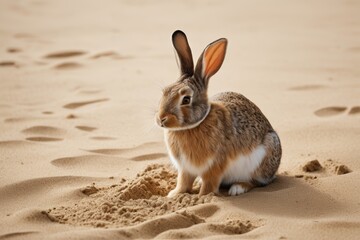 there is a rabbit sitting in the sand on the beach