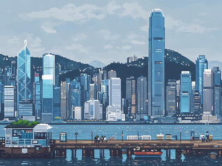 Fototapeta premium HONG KONG skyline, pixel art