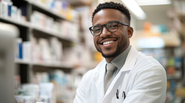 Friendly Smiling Pharmacist in Glasses at Pharmacy Counter