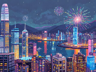 HONG KONG  skyline at night, pixel art