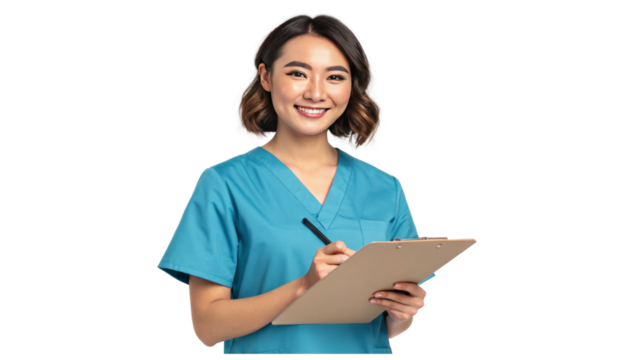 Smiling Healthcare Worker with Clipboard and Pen