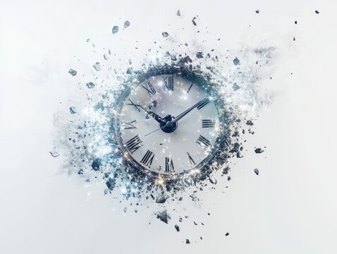Exploding Clock Symbolizing Time Disintegration  
