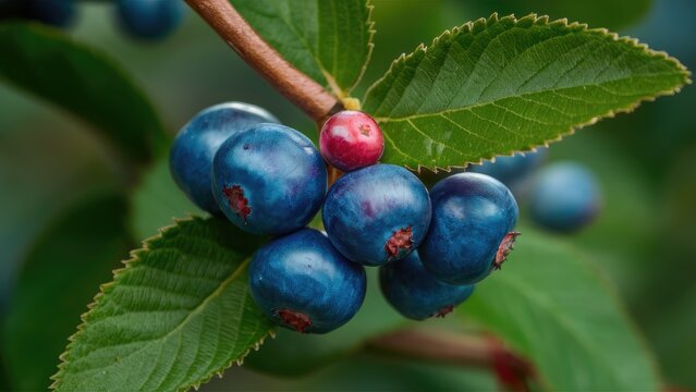 Blueberry branch featuring vibrant blue berries with a single red berry, surrounded by lush green leaves in a soft blurred background.