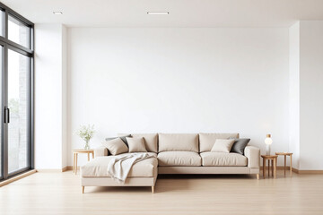 Modern living room window beige sofa side table white flowers