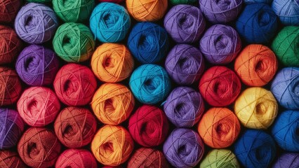 Colorful assortment of yarn balls in vibrant hues arranged in a flat lay view featuring red, blue, green, yellow, and purple shades for creative projects