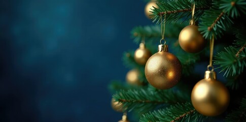 Fototapeta premium Golden ornaments hanging from a dark blue Christmas tree, bright colors, holiday tree