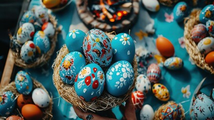 A table with Easter eggs and baskets.