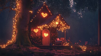 Obraz premium Enchanted cottage at night with glowing lights and heart decorations