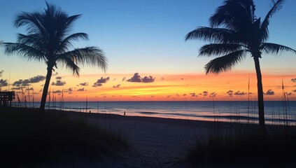 Sunrise beach scene with palm trees